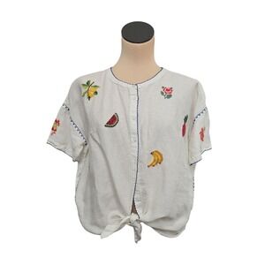 Anthropologie White Embroidered Fruit Tie-Front Blouse